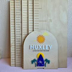 Coastal Surfer's Paradise 3D Wooden Height Chart - Personalised Growth Tracker for Kids