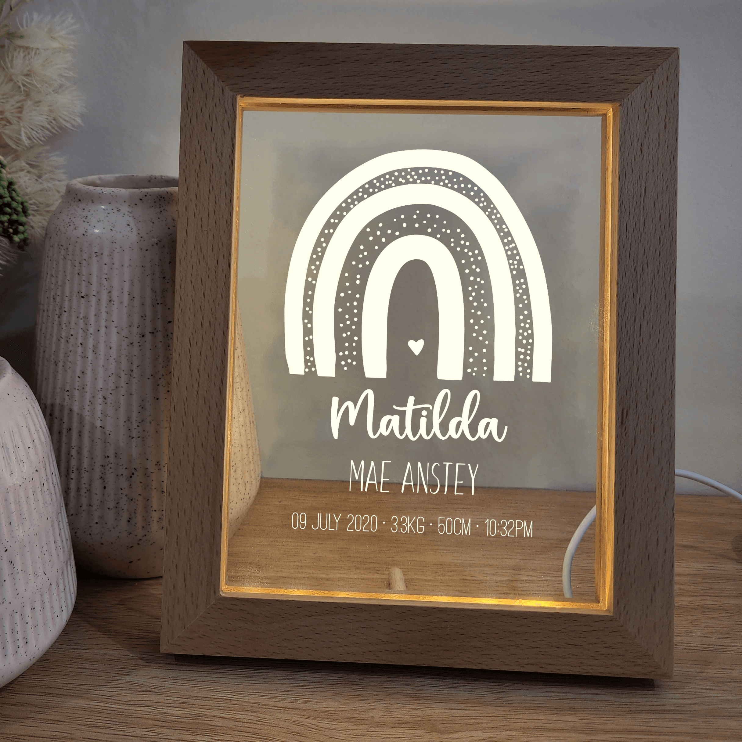 Personalised Timber Night Light Frame 🌙 - Birth Details - Boho Rainbow - The Willow Corner