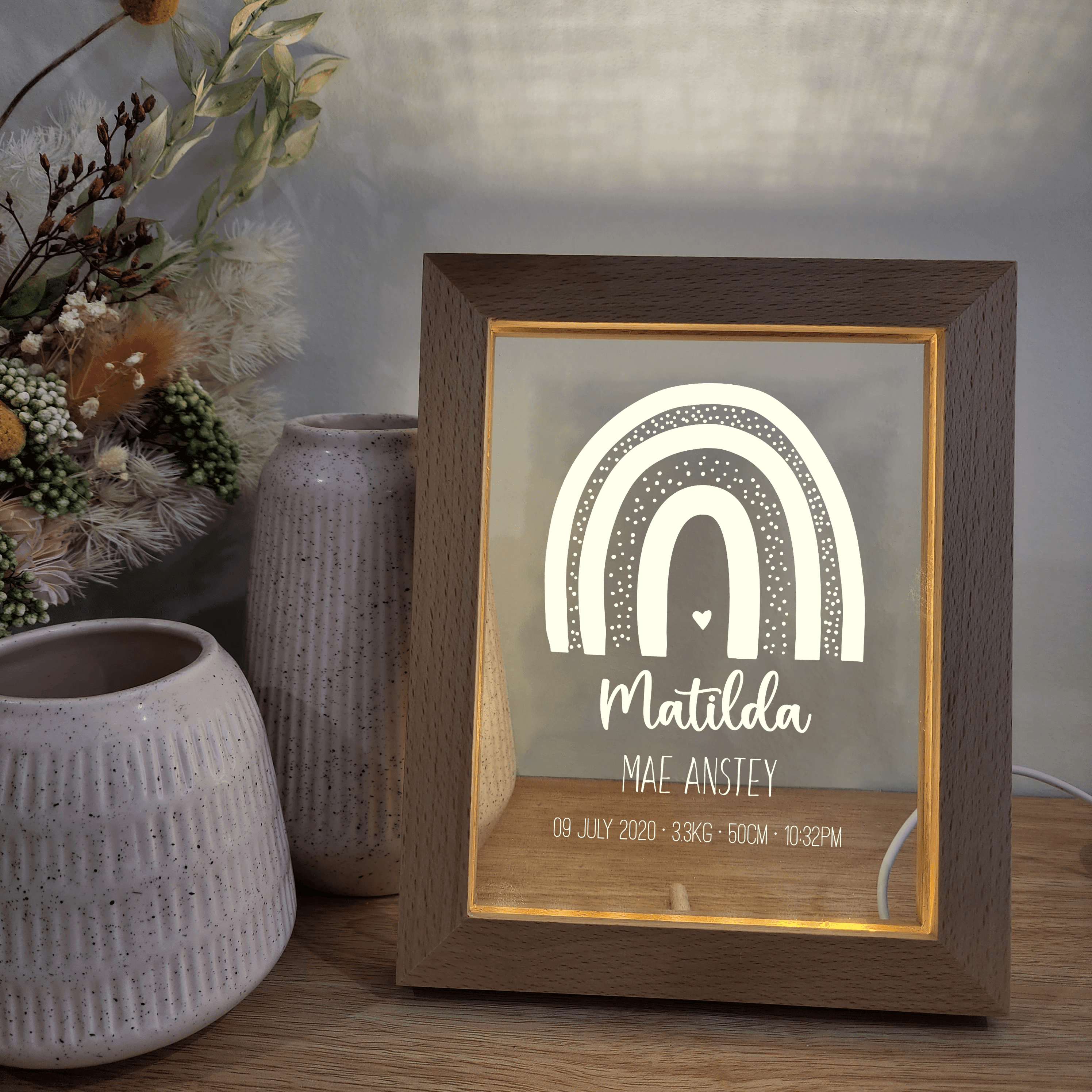 Personalised Timber Night Light Frame 🌙 - Birth Details - Boho Rainbow - The Willow Corner